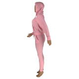 Autumn Winter Thick Drawstring Jogger Two Piece Pink Sweatpants and Hoodie Set