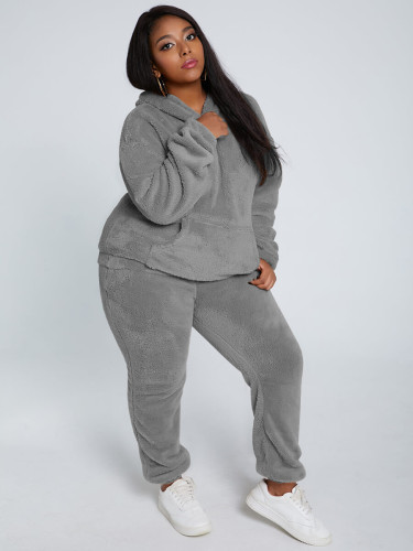 Solid Color Grey Plush Hooded Long Sleeve Winter 2 Piece Pant Set