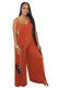 Solid Color Orange Irregular Adjust Straps Blouse and Wide-leg Long Pants