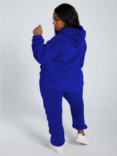 Solid Color Royal Blue Plush Hooded Long Sleeve Winter 2 Piece Pant Set