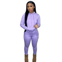 Autumn Winter Thick Drawstring Jogger Two Piece Purple Sweatpants and Hoodie Set