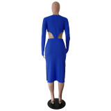 Solid Color Blue Knitted Ribbed Zippered Nightclub Dress with Hollow