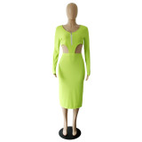 Solid Color Fluorescent Green Knitted Ribbed Zippered Nightclub Dress with Hollow
