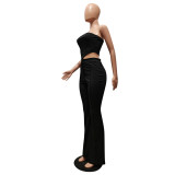 Sexy Black Two Piece Outfit Women Party Club Matching Strapless Crop Tops Flared Trousers