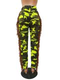 Women's Jeans Fringed Camouflage Ripped Holes Denim Pants