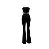 Sexy Black Two Piece Outfit Women Party Club Matching Strapless Crop Tops Flared Trousers
