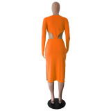 Solid Color Orange Knitted Ribbed Zippered Nightclub Dress with Hollow