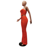 Sexy Orange Two Piece Outfit Women Party Club Matching Strapless Crop Tops Flared Trousers