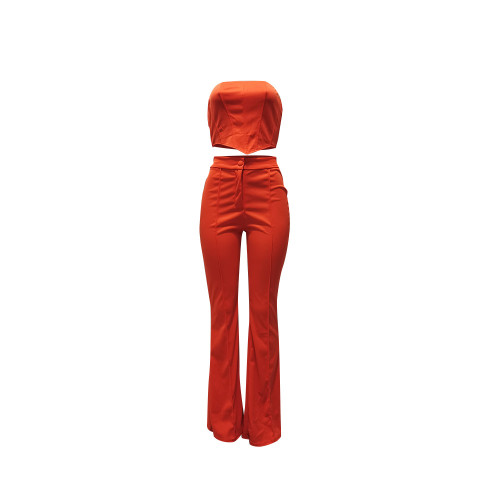 Sexy Orange Two Piece Outfit Women Party Club Matching Strapless Crop Tops Flared Trousers