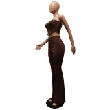 Sexy Coffee Two Piece Outfit Women Party Club Matching Strapless Crop Tops Flared Trousers