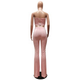 Sexy Pink Two Piece Outfit Women Party Club Matching Strapless Crop Tops Flared Trousers