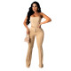 Sexy Khaki Two Piece Outfit Women Party Club Matching Strapless Crop Tops Flared Trousers