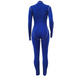 Blue Decorative Edge Patchwork Bodycon Jumpsuit