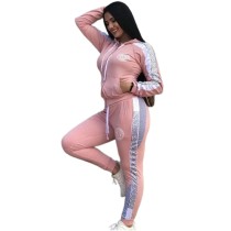 Casual Pink Printed Pattern Sweatpants Hoodie Two Piece Women Sets