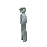Sexy Light Blue Two Piece Outfit Women Party Club Matching Strapless Crop Tops Flared Trousers