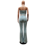 Sexy Light Blue Two Piece Outfit Women Party Club Matching Strapless Crop Tops Flared Trousers