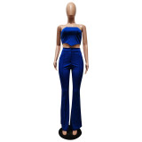 Sexy Blue Two Piece Outfit Women Party Club Matching Strapless Crop Tops Flared Trousers