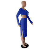 Solid Color Blue Knitted Ribbed Zippered Nightclub Dress with Hollow