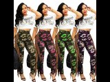 Women's Jeans Fringed Camouflage Ripped Holes Denim Pants