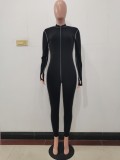 Black Decorative Edge Patchwork Bodycon Jumpsuit