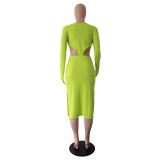Solid Color Fluorescent Green Knitted Ribbed Zippered Nightclub Dress with Hollow