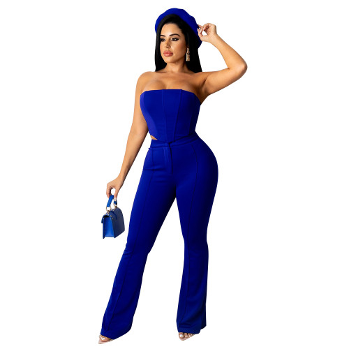 Sexy Blue Two Piece Outfit Women Party Club Matching Strapless Crop Tops Flared Trousers