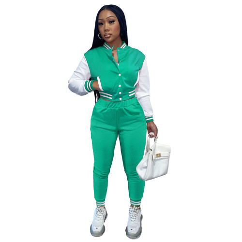 Women's Mint Green Color-blocking Jacket Suit Single-breasted Stitching Baseball Two Piece Uniform