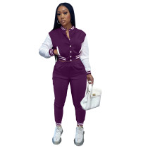 Women's Purple Color-blocking Jacket Suit Single-breasted Stitching Baseball Two Piece Uniform