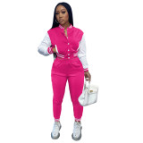 Women's Rose Color-blocking Jacket Suit Single-breasted Stitching Baseball Two Piece Uniform