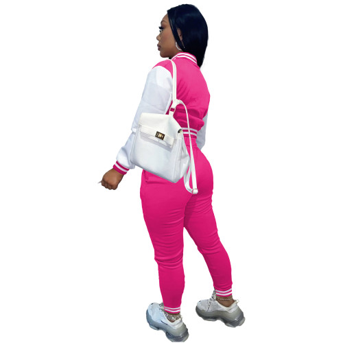 Women's Rose Color-blocking Jacket Suit Single-breasted Stitching Baseball Two Piece Uniform