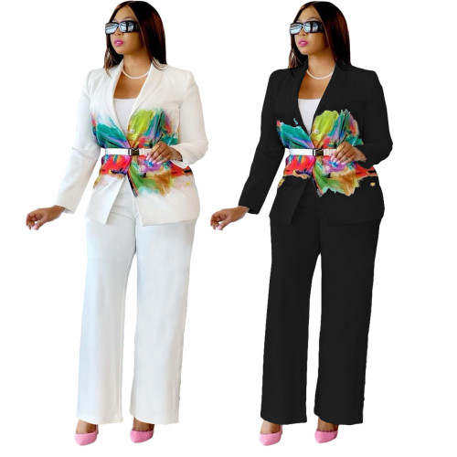 Casual White Printed Two Piece Suits Set 2021 Pantsuit Female Suits For Prom