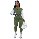 Women's Army Green Color-blocking Jacket Suit Single-breasted Stitching Baseball Two Piece Uniform
