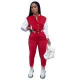 Women's Red Color-blocking Jacket Suit Single-breasted Stitching Baseball Two Piece Uniform
