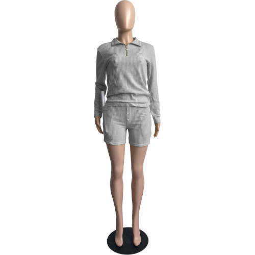 Grey Women Knit Waffle Pajamas Set Loungewear Pant Set