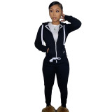 Casual Black Fleece Sports Thick Zipper Hooded Two Piece Set For Women