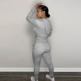 Casual Grey Fleece Sports Thick Zipper Hooded Two Piece Set For Women