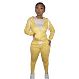 Casual Yellow Fleece Sports Thick Zipper Hooded Two Piece Set For Women