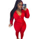 Solid Color Red Pit Zipper Cardigan Hoodie Blouse Trousers Set For Winter Women