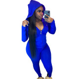 Solid Color Blue Pit Zipper Cardigan Hoodie Blouse Trousers Set For Winter Women