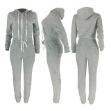 Casual Grey Fleece Sports Thick Zipper Hooded Two Piece Set For Women