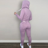 Casual Purple Fleece Sports Thick Zipper Hooded Two Piece Set For Women
