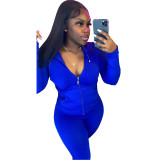 Solid Color Blue Pit Zipper Cardigan Hoodie Blouse Trousers Set For Winter Women