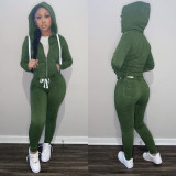 Casual Green Fleece Sports Thick Zipper Hooded Two Piece Set For Women