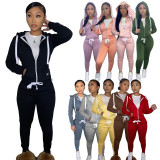 Casual Pink Fleece Sports Thick Zipper Hooded Two Piece Set For Women