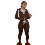 Casual Dark Brown Fleece Sports Thick Zipper Hooded Two Piece Set For Women