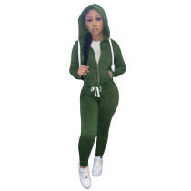 Casual Green Fleece Sports Thick Zipper Hooded Two Piece Set For Women