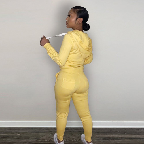 Casual Yellow Fleece Sports Thick Zipper Hooded Two Piece Set For Women