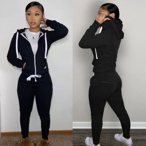 Casual Black Fleece Sports Thick Zipper Hooded Two Piece Set For Women