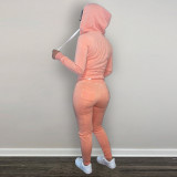 Casual Orange Fleece Sports Thick Zipper Hooded Two Piece Set For Women