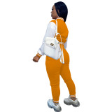 Casual Orange Offset Printed Letter Baseball Uniform Long Sleeve Jacket Set with Pockets